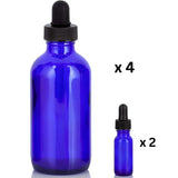 6-Pack of 4 oz Cobalt Blue Glass Boston Round Bottles with Black Droppers for Aromatherapy and Essential Oils + 2 Travel-Size 0.50 oz Blue Glass Bottles with Black Droppers