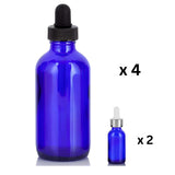 Essential Oil Dispenser Kit: 6-Pack 4 oz Cobalt Blue Glass Bottles with Black Droppers + 2 Travel-Size 0.50 oz Cobalt Glass Bottles with Silver Droppers