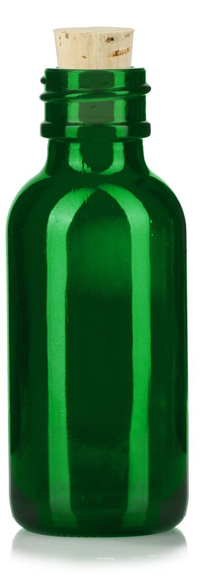 Green Glass Boston Round Cork Bottle with Natural Stopper - 1 oz / 30 ml