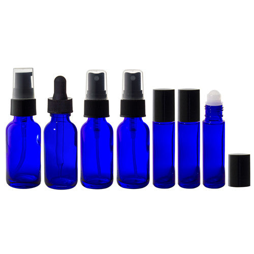 Cobalt Blue Glass Bottle 7-piece Starter Kit - 1 oz Perfect for DIY, Essential Oils, Aromatherapy, Travel and Home. - JUVITUS