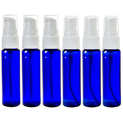 Cobalt Blue PET Plastic (BPA Free) Fine Mist Spray and Treatment Pump Slim Bottle Combo Set - 1 oz  (6 Pack) - JUVITUS