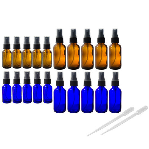 Amber and Cobalt Glass Bottles 20-Piece Starter Set Kit - Includes 5- 1 oz and 5- 2 oz Fine Mist Sprayer Bottles