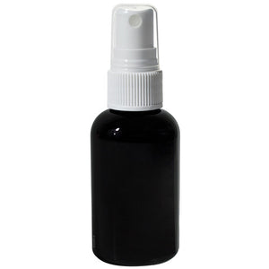 Black Plastic Boston Round Fine Mist Spray Bottle with White Sprayer - 2 oz / 60 ml