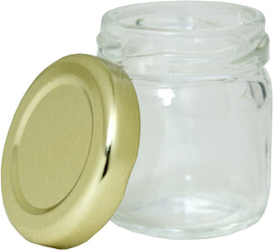 JUVITUS 8 oz Clear Glass Borosilicate Jars with Wooden Bamboo Lid (4 Pack)
