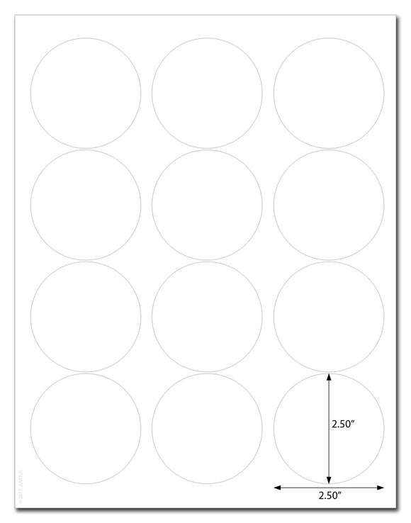 Waterproof White Matte 2.5 Inch Diameter Circle Labels for Laser Printer with Template and Printing Instructions, 5 Sheets,  60 Labels (JC25)
