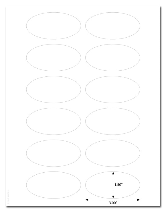 Waterproof White Matte 3â€ x 1.5â€ Inch Oval Labels for Laser Printer with Template and Printing Instructions, 5 Sheets, 60 Labels (JV30)