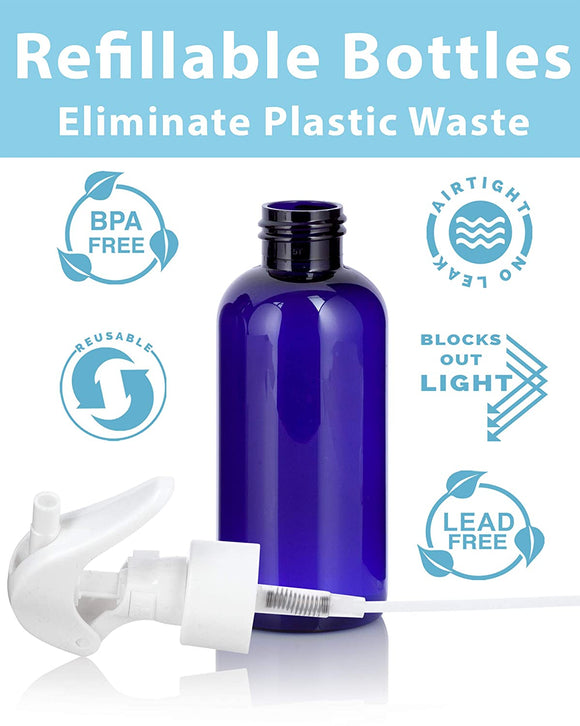 Cobalt Blue Plastic PET Boston Round Bottle (BPA Free) with White Trigger Spray ( 12 Pack)
