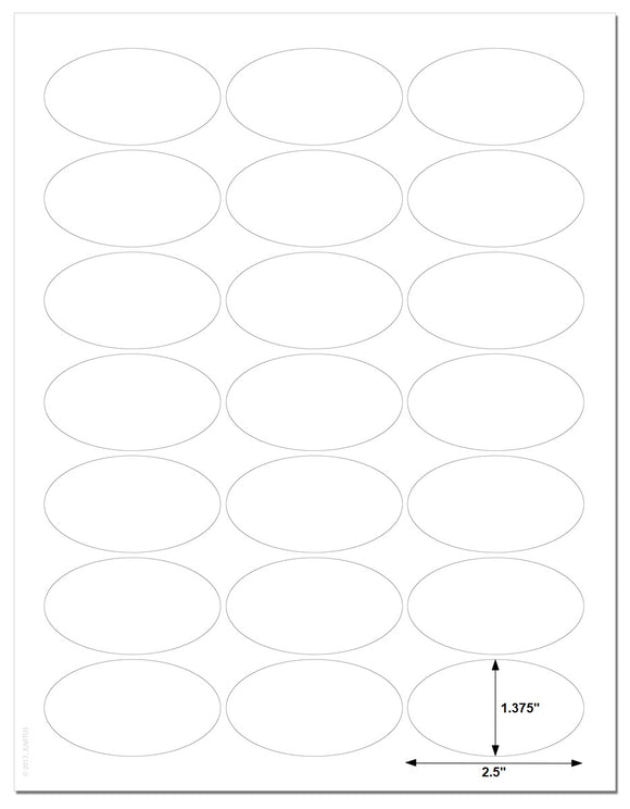 Waterproof White Matte 2.5â€ x 1.375â€ Inch Oval Labels for Laser Printer with Template and Printing Instructions, 5 Sheets, 105 Labels (JV25)