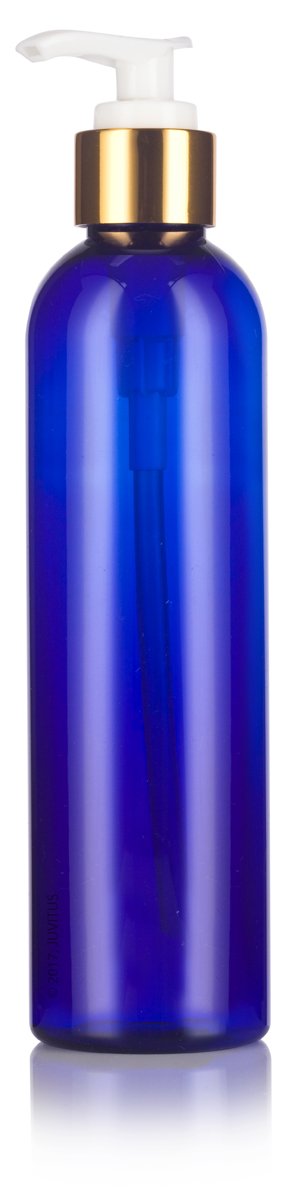 Cobalt Blue Plastic Slim Cosmo Bottle with Gold Lotion Pump - 8 oz / 250 ml