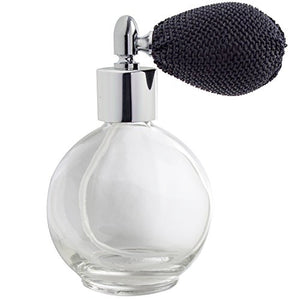 Clear Glass Refillable Round Perfume Bottle with Black Bulb Atomizer Sprayer - 2.65 oz / 78 ml Funnel + Pipette