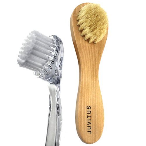JUVITUS Extreme Exfoliating Face Brush: Natural Bristles and Wood + Gentle Exfoliating & Cleansing Facial Brush, Nylon Bristles, Clear Handle Set