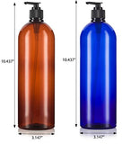 Amber and Cobalt Blue 32 oz Large Boston Round PET Bottles (BPA Free) with Black Lotion Pump Set -2 PACK + Labels