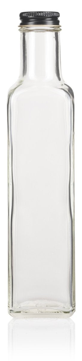 Clear Glass Square Bottle with Black Metal Lid - 8 oz / 250 ml