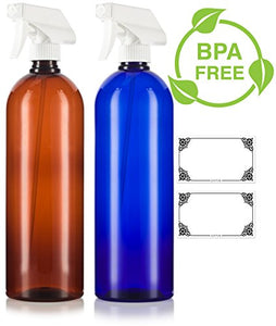 Amber and Cobalt Blue 32 oz Large Boston Round PET Bottles (BPA Free) with White Trigger Spray Set -2 PACK + Labels