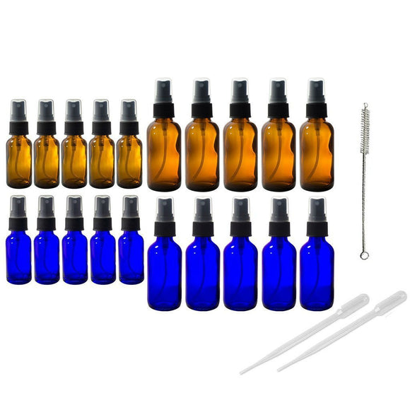 Amber & Cobalt Blue Boston Round Fine Mist Spray Glass Bottle Set Kit- Includes 5-1 oz Amber Bottles, 5-2 oz Amber Bottles, 5-1 oz Cobalt Bottles,5-2 oz Cobalt Bottles+ 2 Pipettes, 1 Bottle Brush