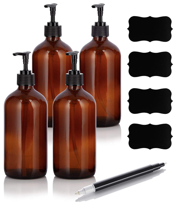 16 oz Amber Boston Round Thick Glass Pump Bottle + Black Chalkboard Labels & Marker