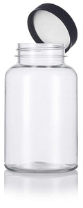 Clear Plastic Wide Mouth Packer Bottle with Black Ribbed Lid - 8 oz / 250 ml