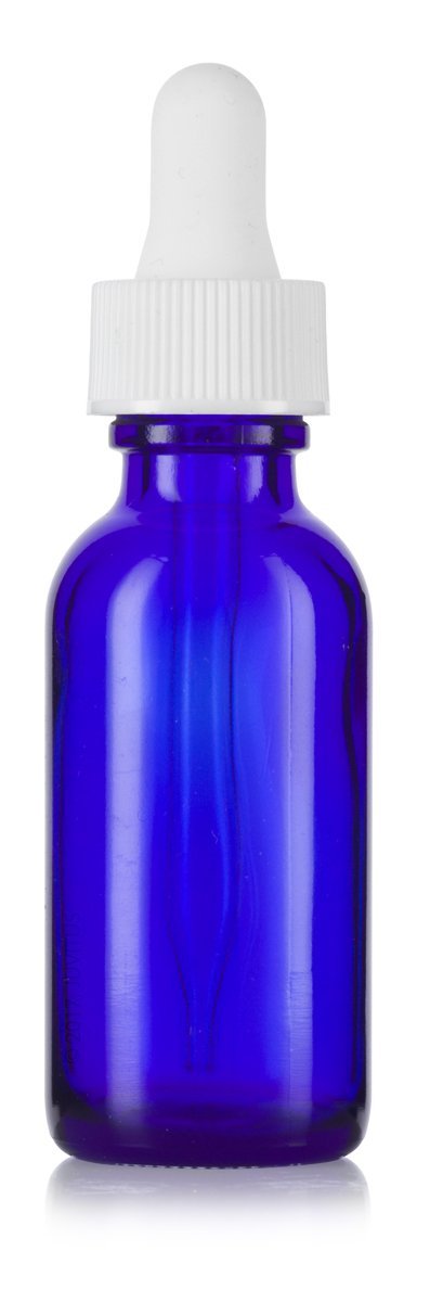 Cobalt Blue Glass Boston Round Dropper Bottle with White Top - 1 oz / 30 ml
