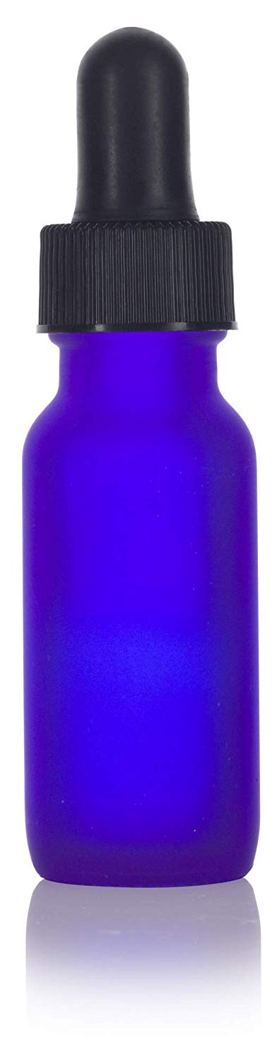 Frosted Cobalt Blue Glass Boston Round Dropper Bottle with Black Top - .5 oz / 15 ml