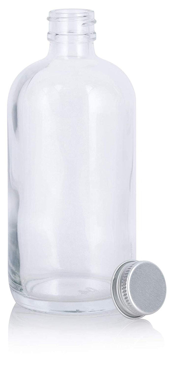 Clear Glass Boston Round Bottle with Silver Metal Screw Cap - 8 oz / 250 ml