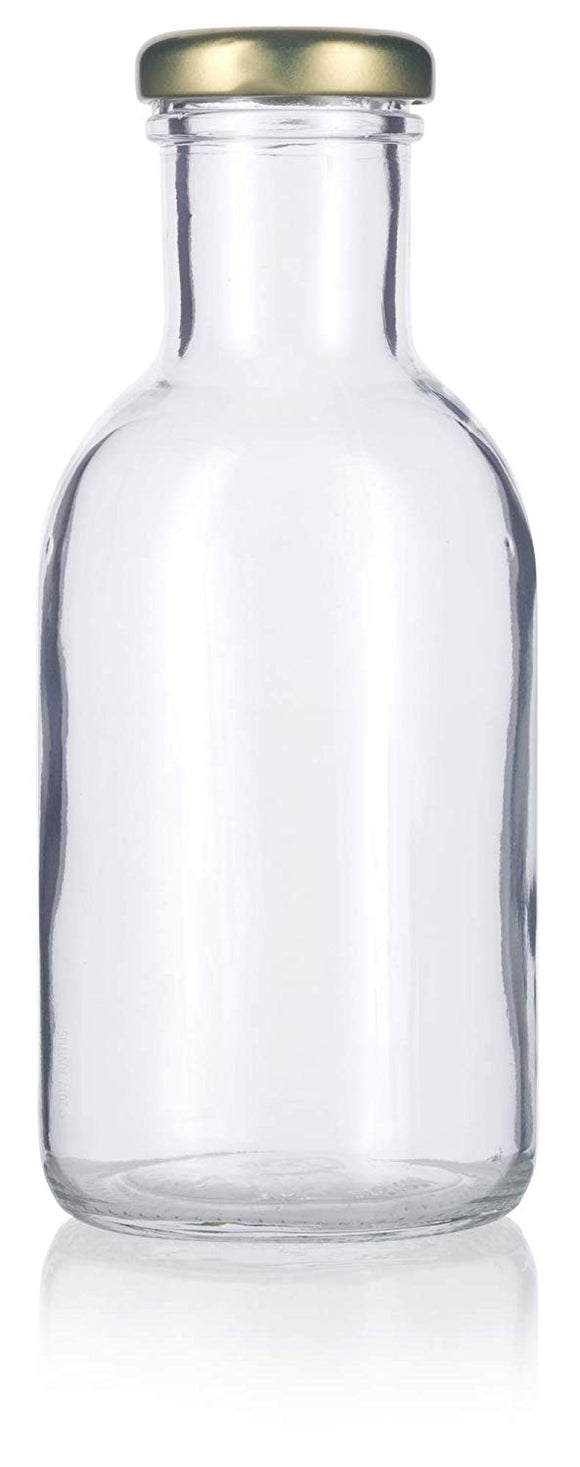 Clear Glass Decanter Sauce Bottle with Gold Metal Lug Cap - 12 oz / 360 ml