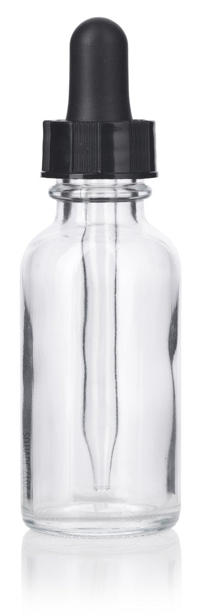 Clear Glass Boston Round Dropper Bottle with Black Top - 1 oz / 30 ml