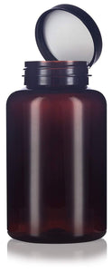 Amber Plastic Wide Mouth Packer Bottle with Black Ribbed Lid - 17 oz / 500 ml