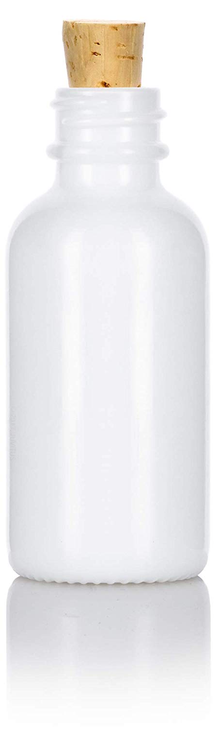 Opal White Glass Boston Round Cork Bottle with Natural Stopper - 1 oz / 30 ml
