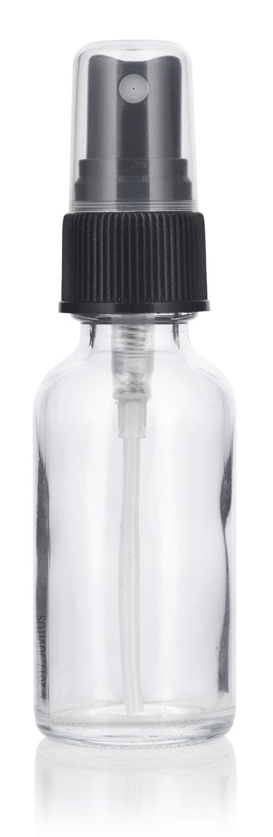 Clear Glass Boston Round Fine Mist Spray Bottle with Black Sprayer - 1 oz / 30 ml