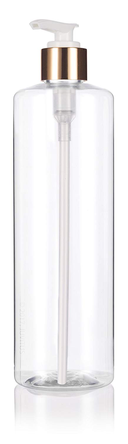 Clear Plastic Professional Cylinder Bottle with Gold Lotion Pump - 16 oz / 500 ml