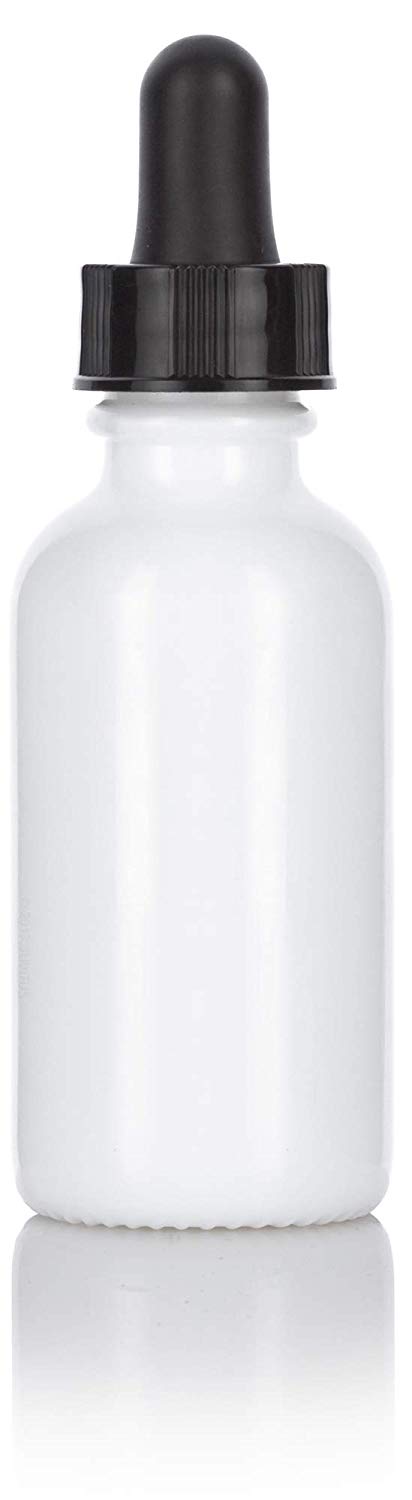 Opal White Glass Boston Round Dropper Bottle with Black Top - 1 oz / 30 ml
