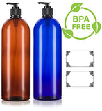 Amber and Cobalt Blue 32 oz Large Boston Round PET Bottles (BPA Free) with Black Lotion Pump Set -2 PACK + Labels