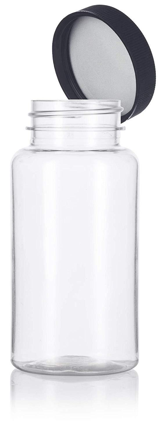 Clear Plastic Wide Mouth Packer Bottle with Black Ribbed Lid - 5 oz / 150 ml 3 Pack