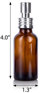 Amber Glass Boston Round Fine Mist Spray Bottle with Silver Chrome Metal Aluminum Sprayer - 1 oz / 30 ml