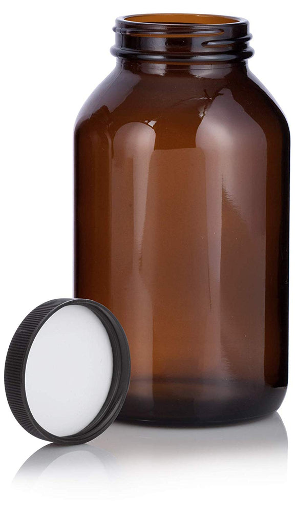 Amber Glass Packer Bottle with Black Ribbed Lid - 17 oz / 500 ml