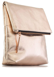 Rose Gold Metallic Premium PU Vegan Leather Fold Over Clutch Bag, Fully Lined with Rose Gold Zipper