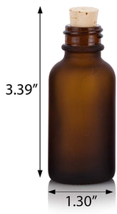Frosted Amber Glass Boston Round Cork Bottle with Natural Stopper - 1 oz / 30 ml