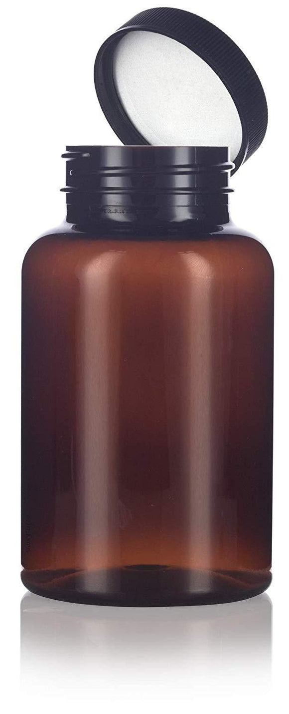 Amber Plastic Wide Mouth Packer Bottle with Black Ribbed Lid - 8 oz / 250 ml