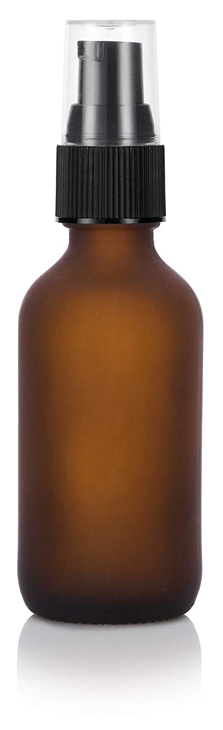 Frosted Amber Glass Boston Round Treatment Pump Bottle with Black Top - 2 oz / 60 ml