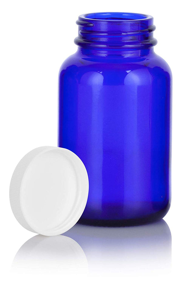 Cobalt Blue Glass Packer Bottle with White Ribbed Lid - 4 oz / 120 ml