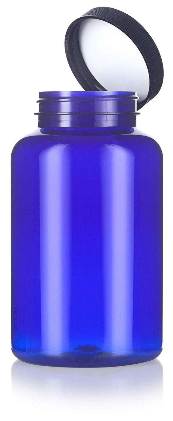 Cobalt Blue Plastic Wide Mouth Packer Bottle with Black Ribbed Lid - 17 oz / 500 ml