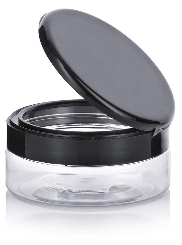 Plastic Extra Low Profile Jar in Clear with Black Flip Top Cap - 4 oz / 120 ml