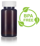 Amber Plastic Wide Mouth Packer Bottle with Child Resistant White Push and Turn Lid - 5 oz / 150 ml