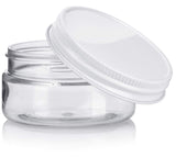 Plastic Low Profile Jar in Clear with White Metal Plastisol Lid - 2 oz / 60 ml