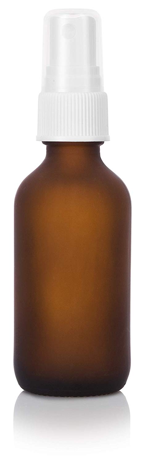 Frosted Amber Glass Boston Round Fine Mist Spray Bottle with White Sprayer - 2 oz / 60 ml