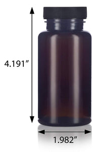 Amber Plastic Wide Mouth Packer Bottle with Black Ribbed Lid - 5 oz / 150 ml