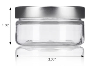 Plastic Low Profile Jar in Clear with Silver Metal Foam Lined Lid - 2 oz / 60 ml