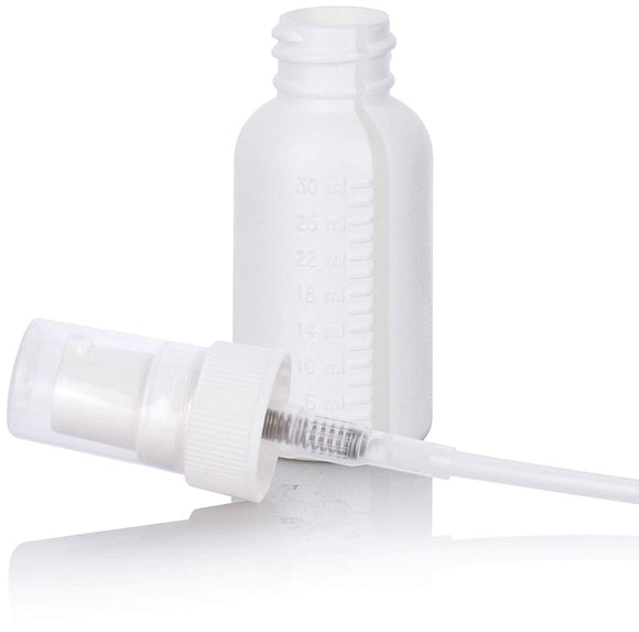 White HDPE Plastic Boston Round Bottle with White Treatment Pump - 1 oz / 30 ml