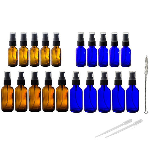Amber and Cobalt Blue 20 pc Glass Bottles Treatment Pump Set Kit - Includes 5- 1 oz and 5- 2 oz Bottles