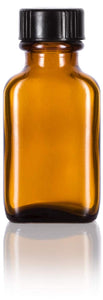 Amber Glass Rectangle Bottle with Black Phenolic Cap - 1 oz / 30 ml